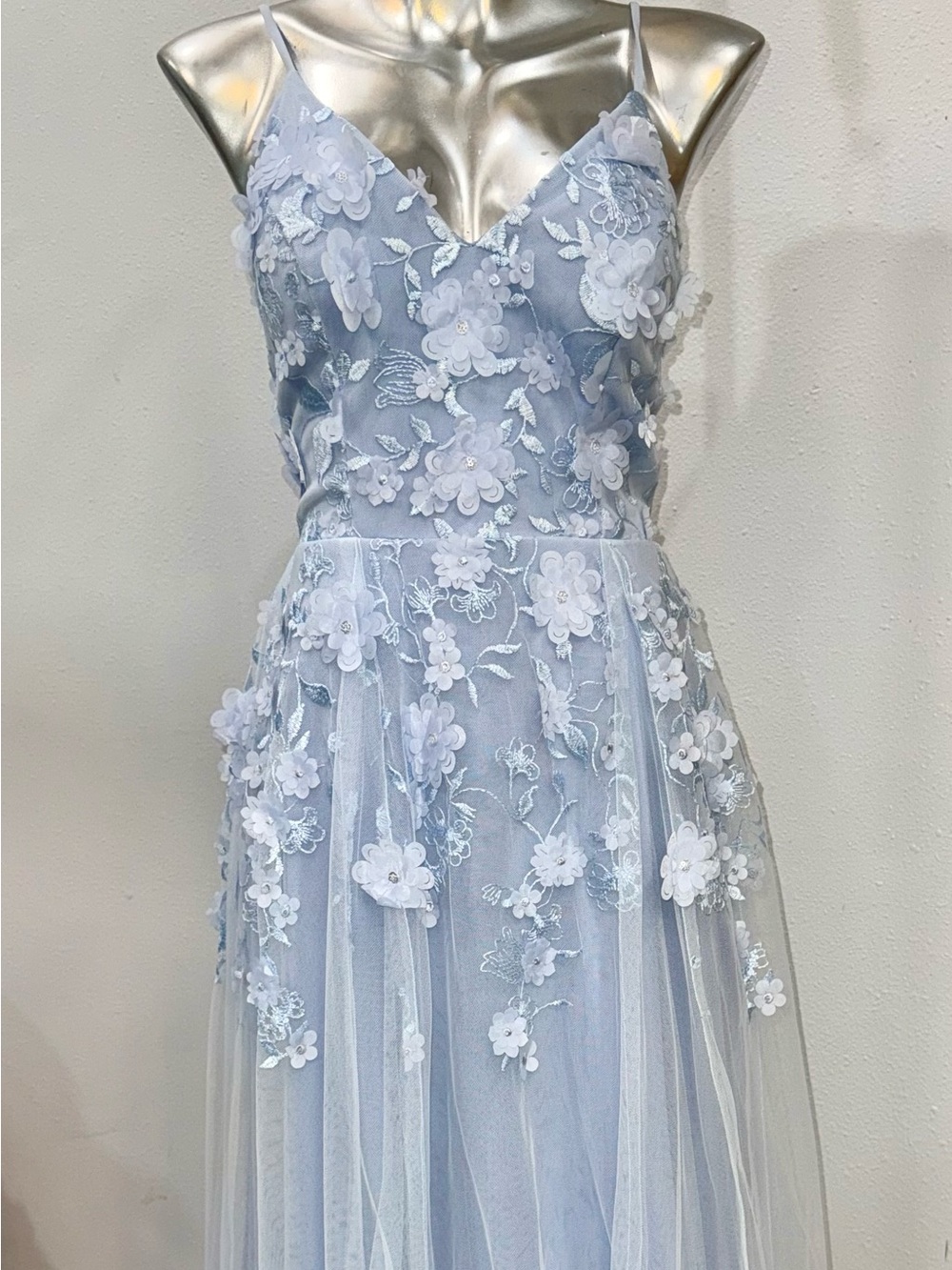 Light Blue Floral Appliqué Spaghetti Strap Dress